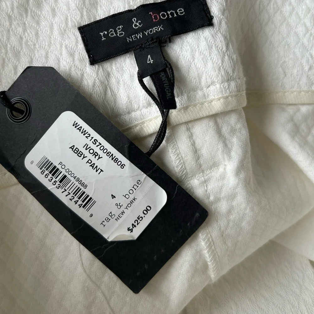 NWT Rag & Bone Abby Stretch Cotton Pants Ivory High Rise  $425. Size 4